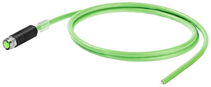 Grünes Verbindungskabel mit einem schwarzen und grünen Stecker am Ende, vermutlich geeignet für industrielle Anwendungen oder Elektronik.
