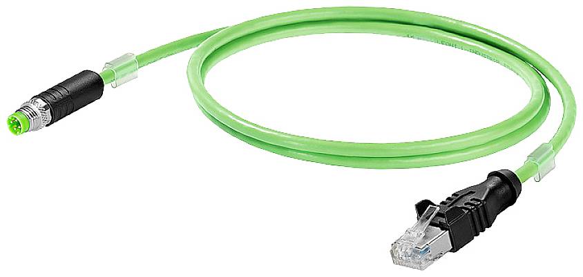 Grünes Netzwerkkabel mit einem M12-Stecker auf der einen Seite und einem RJ45-Stecker auf der anderen Seite, für industrielle Anwendungen.