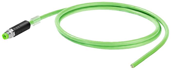 Grünes, abgeschirmtes M8-Sensoranschlusskabel mit schwarzem Stecker, geeignet für industrielle Automatisierung.