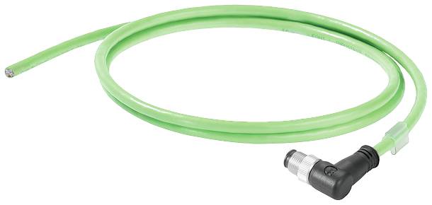Grünes Ethernet-Kabel mit rechtwinkligem Stecker und offenem anderen Ende, geeignet für industrielle Netzwerkverbindungen.