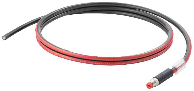 Ein schwarzes und rotes Kabel mit einem Stecker am Ende, geeignet für industrielle Anwendungen und Datenübertragung.