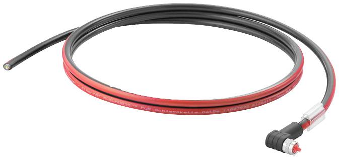 Ein rotes und schwarzes Kabel mit einem Anschluss am Ende, verwendet für elektrische Verbindungen und Verkabelungen.