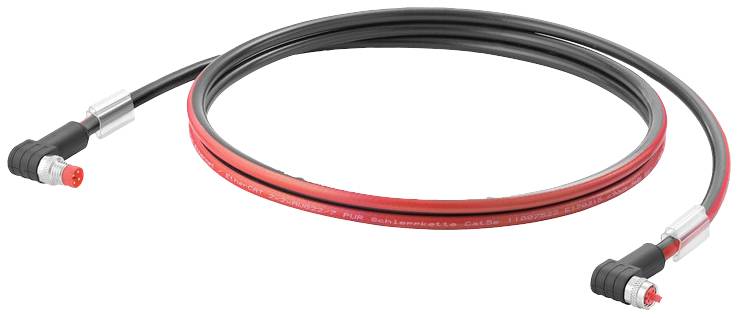 Ein rotes und schwarzes Koaxialkabel mit abgewinkelten Steckern an beiden Enden liegt auf einem weißen Hintergrund.