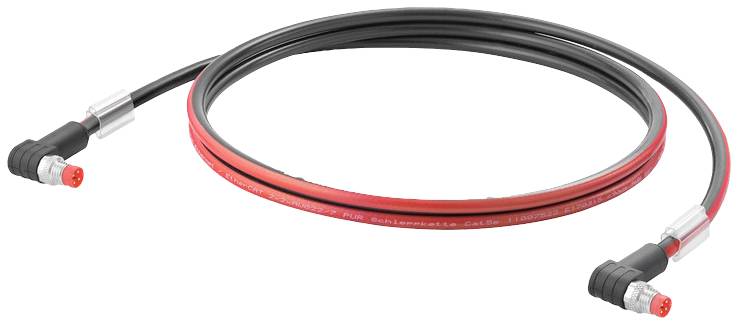 Ein zweiadriges Kabel mit schwarzen und roten Drähten, an beiden Enden mit Metallsteckern versehen, geeignet für industrielle Anwendungen.