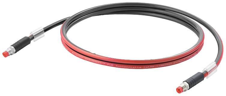 Ein rotes Glasfaserkabel mit schwarzen Steckern an beiden Enden. Eignet sich für schnelle Datenübertragungen in Netzwerken.