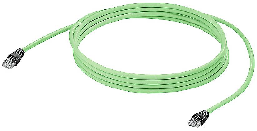 Ein langes grünes Ethernet-Kabel mit zwei schwarzen Steckern an den Enden, verwendet für Netzwerkverbindungen.