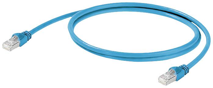 Ein blaues Ethernet-Kabel mit zwei RJ45-Steckern, das zur Netzwerkverbindung verwendet wird.