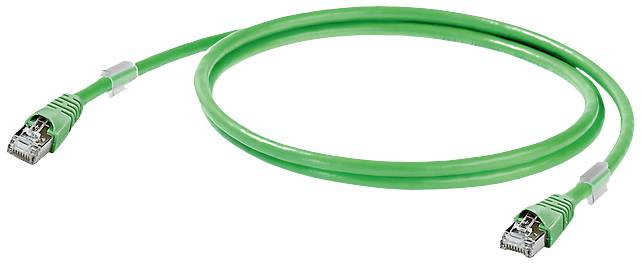 Grünes Ethernet-Kabel mit zwei RJ-45-Steckern, verwendet für Netzwerkverbindungen.