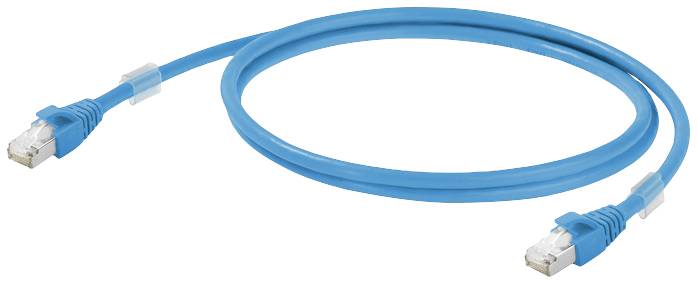 Ein blaues Ethernet-Kabel mit zwei RJ45-Steckern, verwendet zur Netzwerkverbindung.