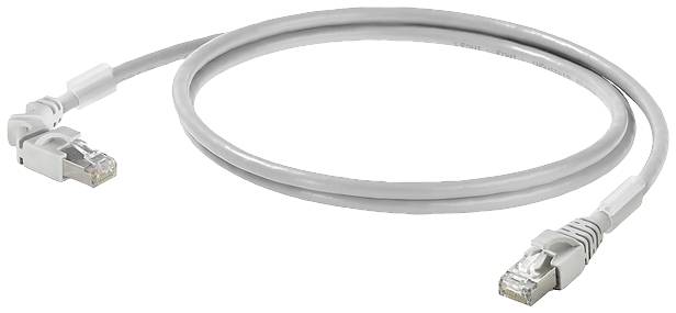 Ein graues Ethernet-Kabel mit RJ45-Steckern an beiden Enden liegt in einer Schleife auf einem neutralen Hintergrund.