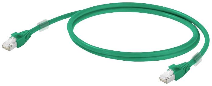 Ein grünes Ethernet-Kabel mit zwei RJ45-Steckern an den Enden, verwendet zur Netzwerkverbindung.
