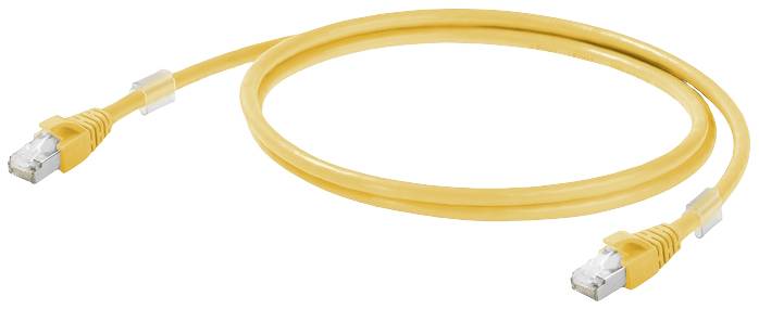 Ein gelbes Ethernet-Kabel mit RJ45-Steckern an beiden Enden liegt koaxial gerollt. Geeignet zur Verbindung von Netzwerkgeräten.