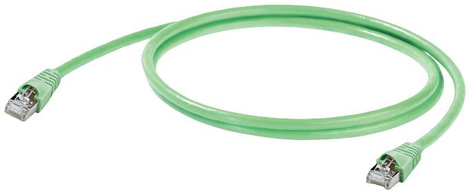 Grünes Ethernet-Kabel mit zwei RJ45-Steckern, gebogen, auf weißem Hintergrund.