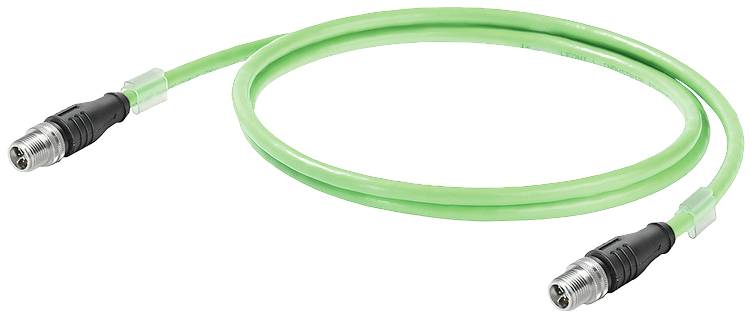 Grünes M12-Ethernet-Kabel mit zwei männlichen Steckern an den Enden, geeignet für industrielle Netzwerke und robuste Verbindungen.