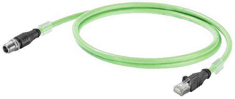 Grünes Ethernet-Kabel mit einem RJ45-Stecker und einem M12-Stecker, verwendet für die Verbindung von Netzwerken und Geräten.