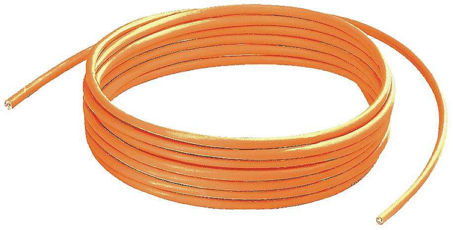 Eine Rolle mit orangefarbenem Kabel, lose aufgewickelt auf einem weißen Hintergrund.