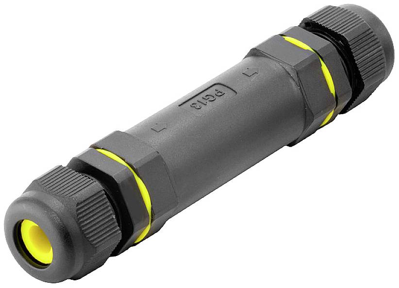 Ein schwarzer Kabelverbinder mit gelben Akzenten, zylindrische Form, für wasserdichte elektrische Verbindungen.