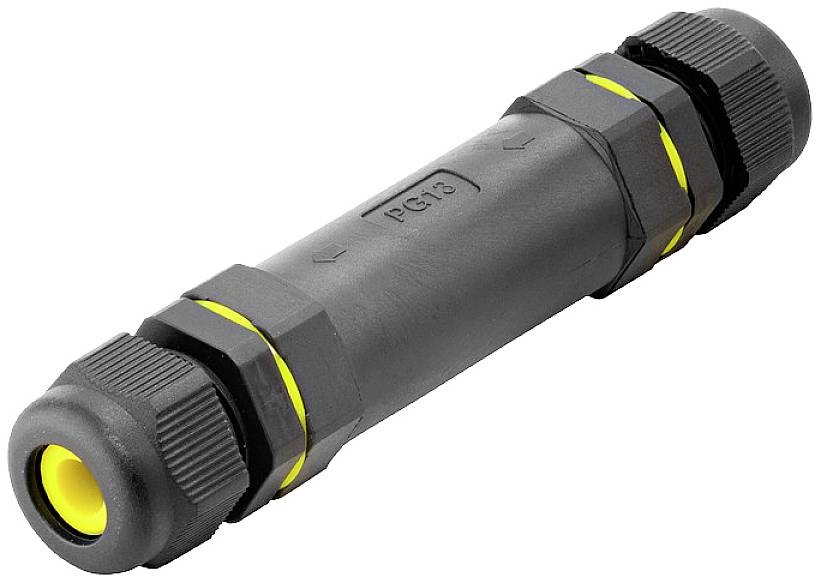 Ein schwarzer zylindrischer Wasserdicht-Kabelverbinder mit gelben Akzenten. Geeignet für den Außeneinsatz zur sicheren Kabelverbindung.