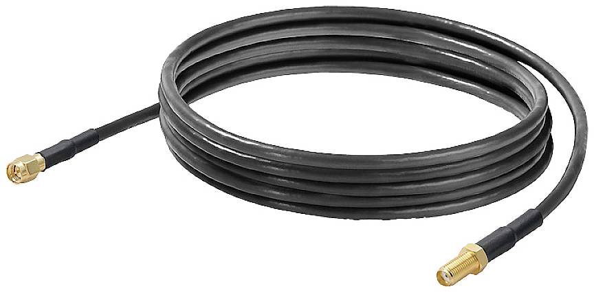 Schwarzes Koaxialkabel mit goldenen Steckverbindern an beiden Enden, aufgerollt. Geeignet für Antennen- oder Satellitenverbindungen.