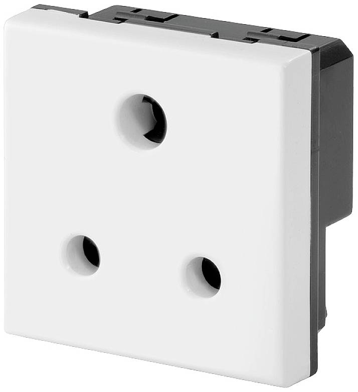 Ein weißer Steckdosenadapter mit drei runden Öffnungen, kompatibel mit Eurosteckern. Geeignet zur Wandmontage in Innenräumen.