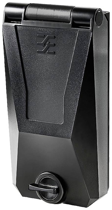 Schwarzes elektronisches Türschloss mit modernem Design, oben ein zylindrisches Scharnier, unten ein Drehknauf, Symbol auf der Vorderseite.