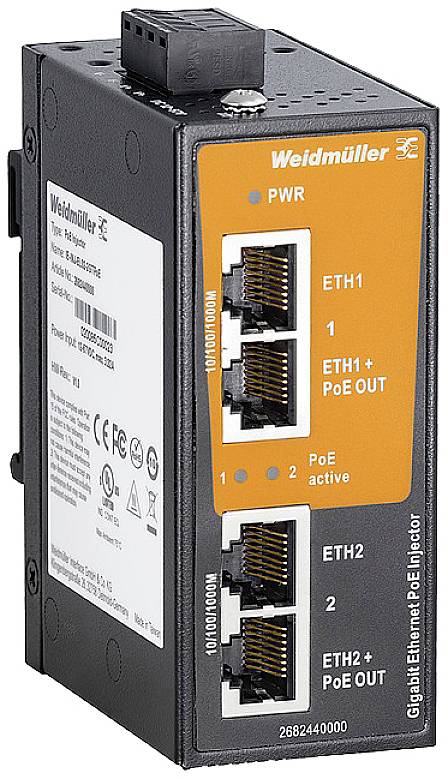 Weidmüller IE-INJ-EL02-2GTPOE PoE Injektor 1 GBit/s IEEE802.3af (15.4 W), IEEE802.3at (30 W)
