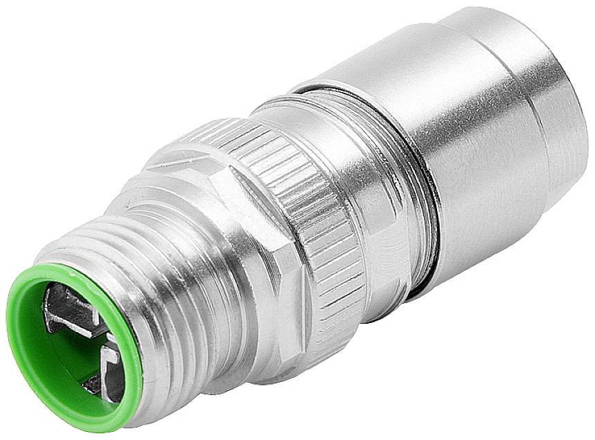 Industrielektorstecker in Silber, zylindrisch mit grünem Ende, wird in Elektronik und Maschinenbau für sicherere Verbindungen verwendet.