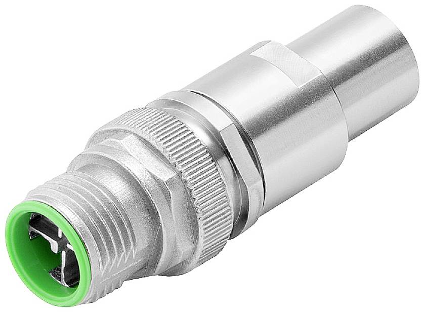 Metallischer Steckverbinder mit grünem Innenbereich, geeignet für industrielle Anwendungen.