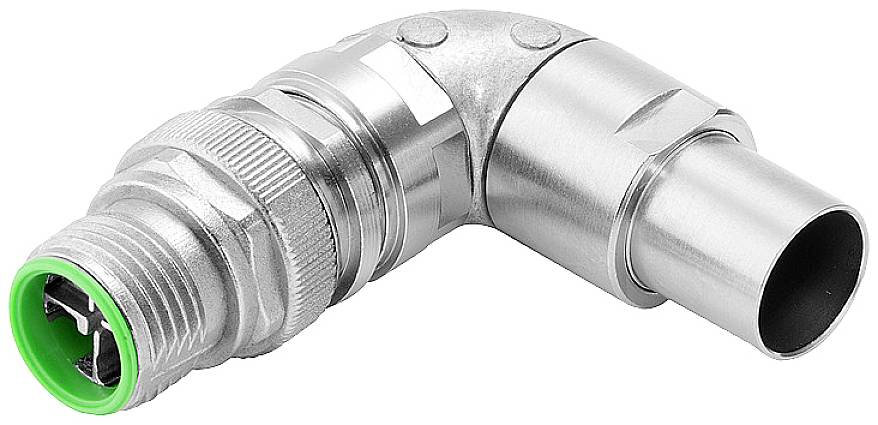 Ein winkeliger Metallanschluss mit gewindeter und glatter Fläche, möglicherweise für elektrische oder mechanische Verbindungen.