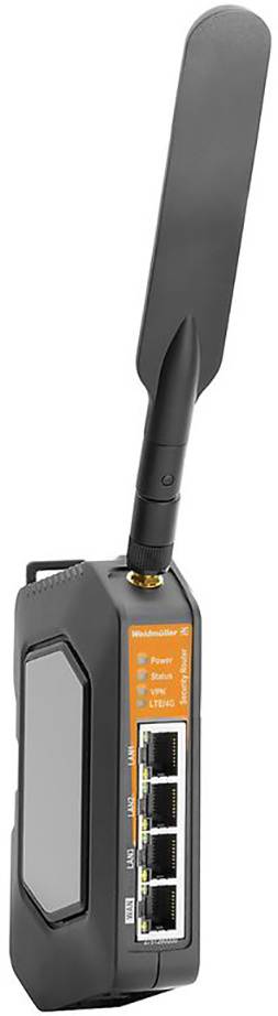 Industrie-Router mit Antenne, vier Ethernet-Ports, und Status-LEDs für Power, Signal, und Netzwerk an der Vorderseite.