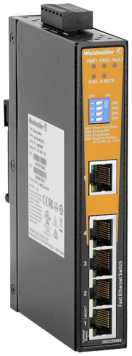 Managed Ethernet-Switch von Weidmüller mit fünf Ethernet-Anschlüssen und Kontrollleuchten zur Anzeige von Status und Aktivitäten.