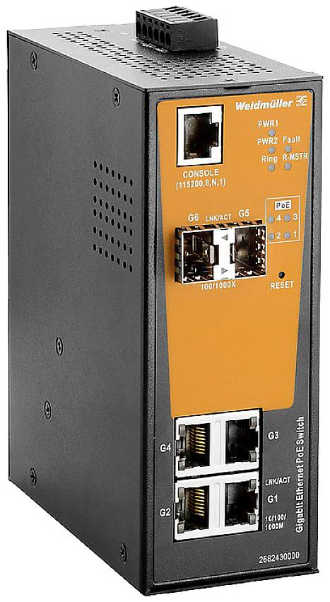 Industrie-Switch der Marke Weidmüller mit Ethernet- und Konsolenanschlüssen, orange Frontplatte, geeignet für Netzwerkanwendungen.