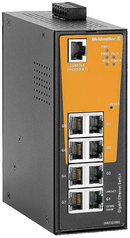 'Weidmüller Gigabit Ethernet Switch' mit mehreren Ports und Anzeigelampen für PWR und Fault. Schwarzes Gehäuse mit orangefarbenem Frontpanel.