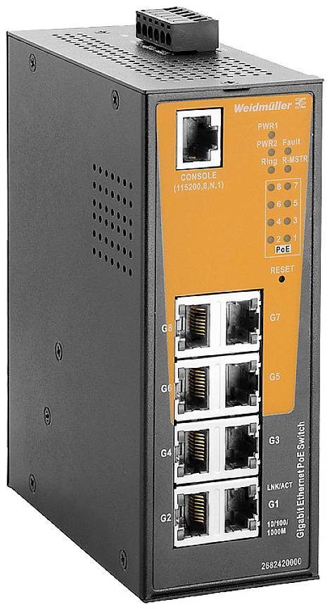 Industrieller Ethernet-Switch mit acht Ethernet-Ports, darunter vier PoE-fähig (schwarz markiert), und konsolen-indikatorischer Anzeige.