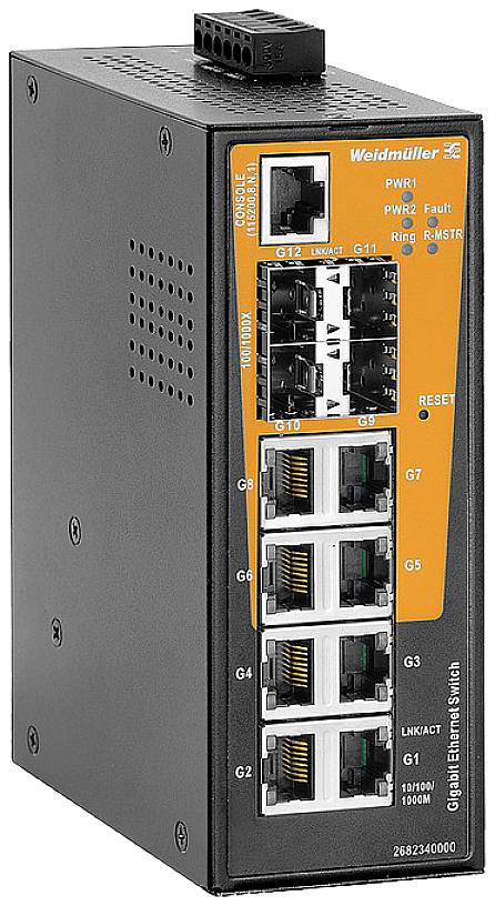 Ein industrieller Ethernet-Switch von Weidmüller mit mehreren Ethernet-Ports und LED-Anzeigen, geeignet für Netzwerkverbindungen.