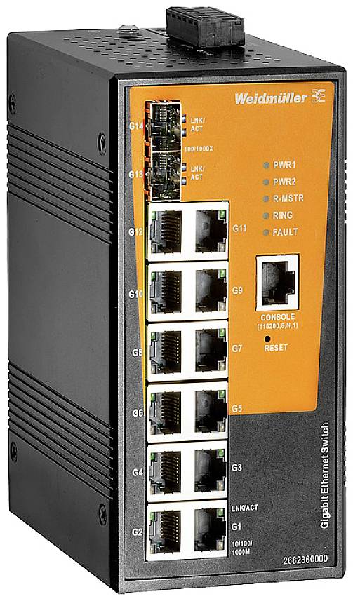 Industrieller Ethernet-Switch von Weidmüller mit 12 Ports und LED-Anzeigen für Link-Status und Fehler. Ideal für Netzwerkverbindungen.