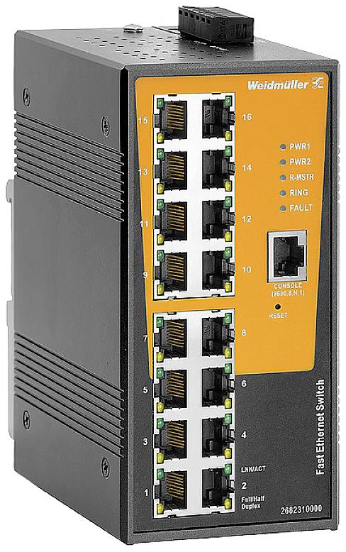 Ein schwarzer Ethernet-Switch mit 16 Ports, einer orangenen Frontplatte und LED-Anzeigen für Status- und Fehlerinformationen von Weidmüller.
