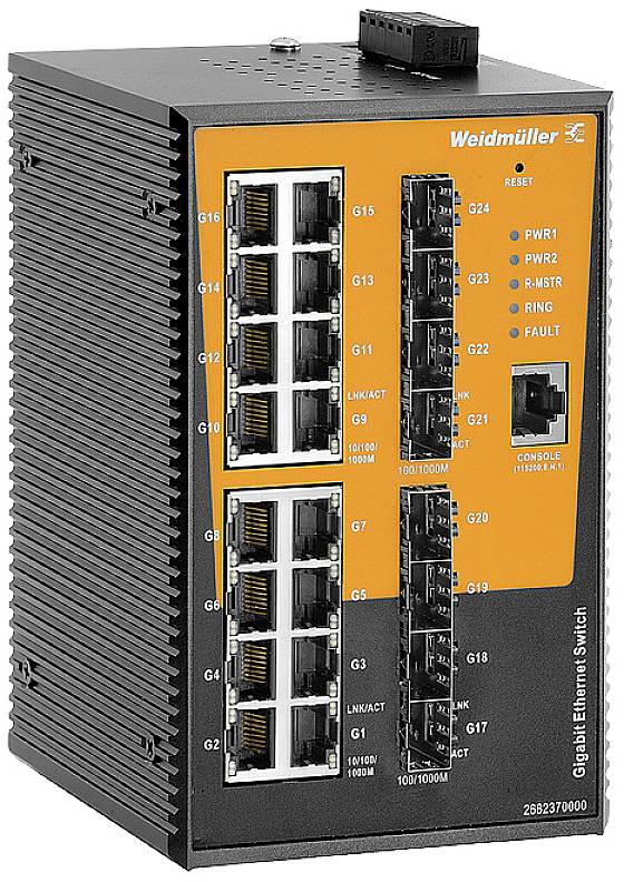 'Weidmüller Gigabit Ethernet Switch' mit 24 Ports, Statusanzeigen für Stromversorgung und Netzwerkbetrieb.