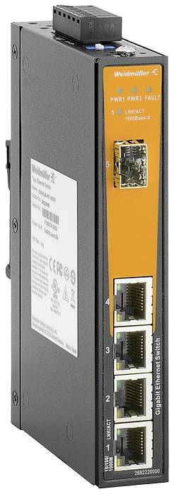 Ein schmaler, schwarzer Ethernet-Switch von Weidmüller mit vier Netzwerkkabelanschlüssen und orangefarbenem Etikett auf der Vorderseite.