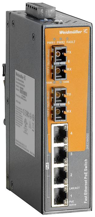 PoE-Ethernet-Switch von Weidmüller mit mehreren Anschlüssen, geeignet zur Stromversorgung und Netzwerkverbindung von Geräten.