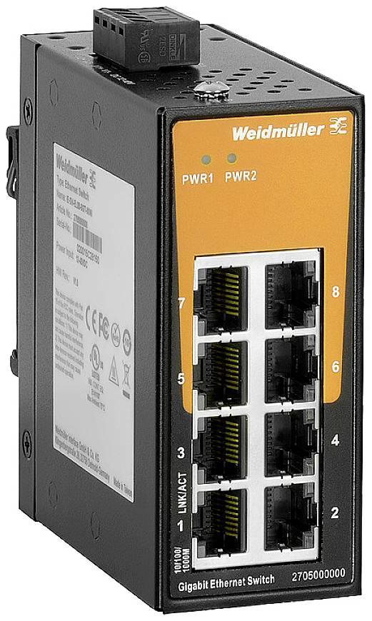 Ein Weidmüller Gigabit Ethernet Switch mit acht LAN-Ports und LED-Statusanzeigen für PWR1 und PWR2 auf der Vorderseite.
