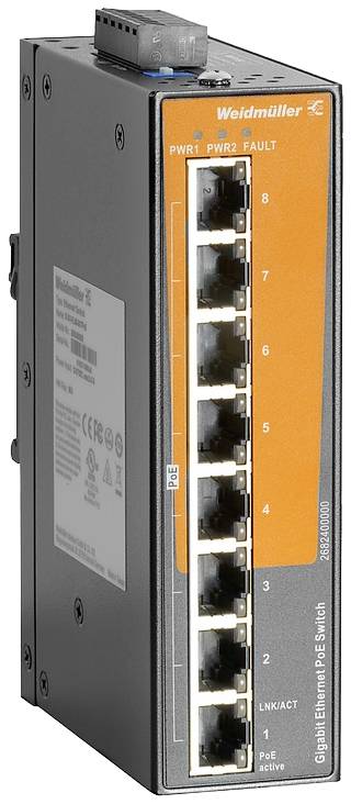 Netzwerk-Switch von Weidmüller mit acht Ethernet-Ports, geeignet für Power-over-Ethernet (PoE), Industriedesign, vertikal montiert.