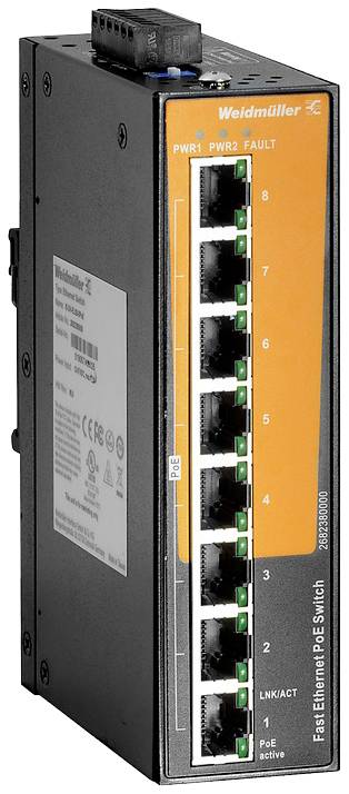 Das Bild zeigt einen Weidmüller Ethernet PoE-Switch mit acht Ethernet-Anschlüssen, zwei Lichtern für den Stromstatus und einer Nummerierung von 1 bis 8.