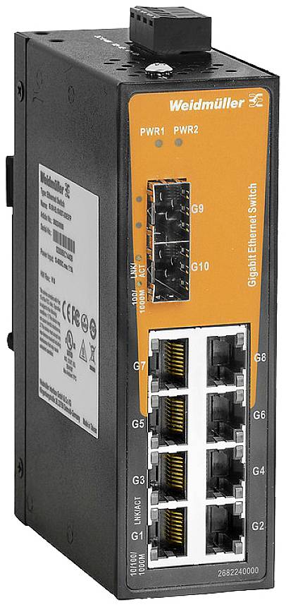 Industrieller Ethernet-Switch der Marke Weidmüller mit mehreren Netzwerkanschlüssen für zuverlässige Datenverbindungen in Industrieumgebungen.