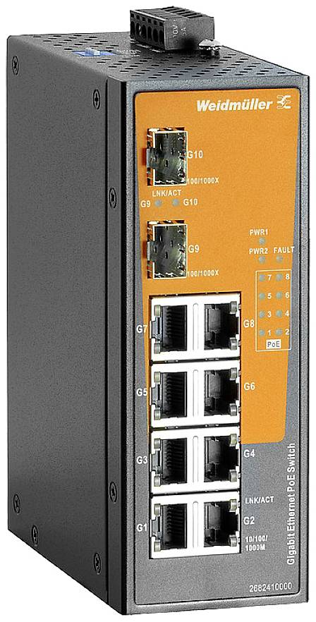 'Weidmüller Gigabit Ethernet Switch' mit acht Netzwerkanschlüssen und Statusanzeigen. Verwendung in industriellen Netzwerken.
