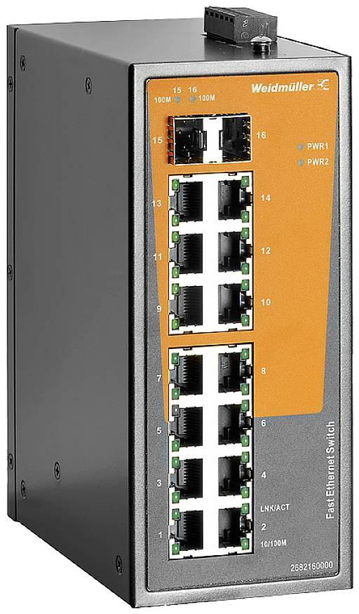 Achtzehn-Port-Ethernet-Switch mit orangefarbenen und schwarzen Details, zwei LED-Anzeigen nebeneinander und Weidmüller-Logo oben rechts.