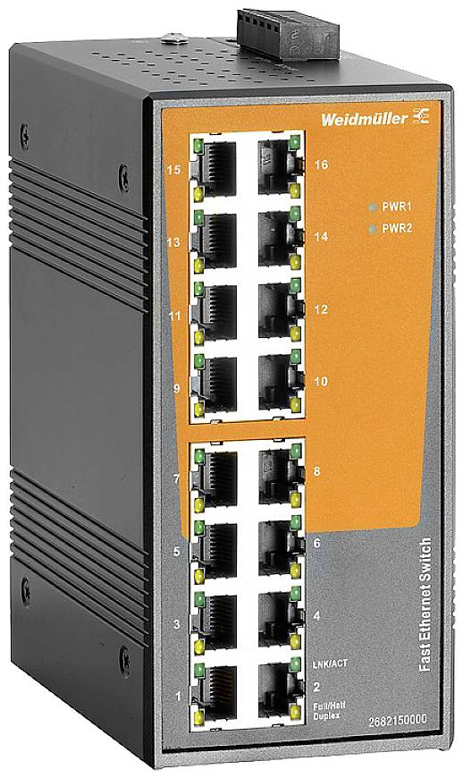 Ein industrieller Weidmüller Fast Ethernet Switch mit 16 RJ45-Ports, zwei Stromversorgungsanzeigen und einem robusten Gehäuse.