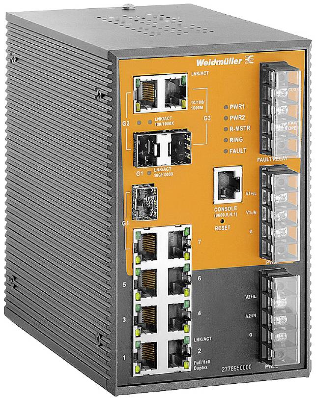 Ein industrieller Ethernet-Switch von Weidmüller mit mehreren Ports und Anzeigen für Stromversorgung, Link-Aktivität, Fehler und Ringtopologie.