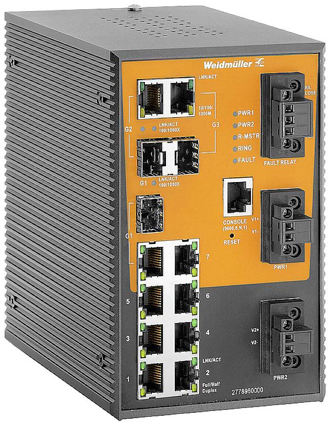 Ein Industrie-Switch von Weidmüller mit mehreren Ethernet-Ports und LEDs zur Statusanzeige auf der Vorderseite.