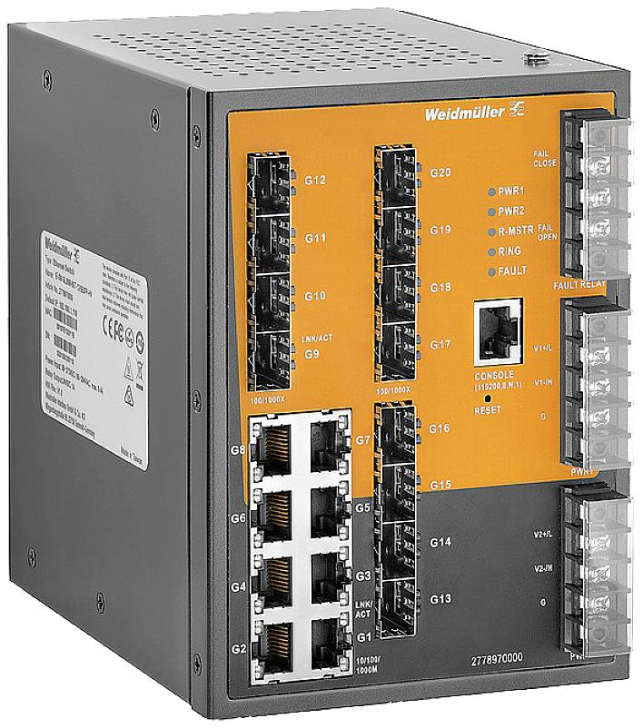 'Weidmüller GATEWAY' in Orange, grau, mit Anschlüssen und LED-Anzeigen. Verwendet für Kommunikationsverbindungen in industriellen Netzwerken.